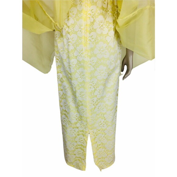 VTG 60s Yellow Floral Lace Chiffon Organza Cape Train Shoulder Bows Maxi Dress - Picture 10 of 12
